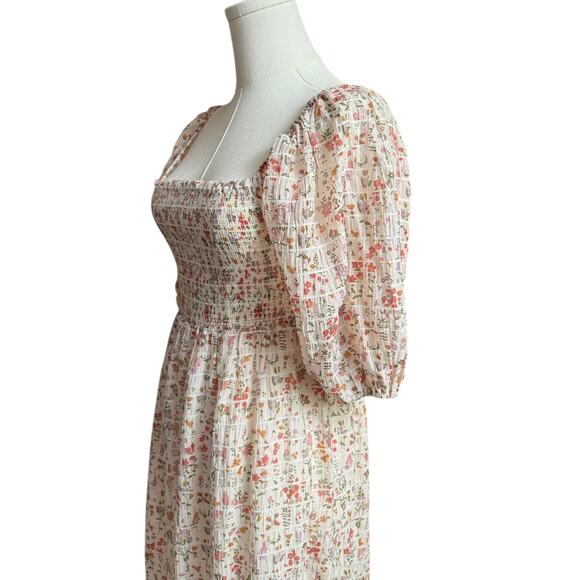 Rails Geena Ambrosia Smocked Puff Sleeve Mini Dress Size Small Cream/Pink Color - Picture 5 of 11